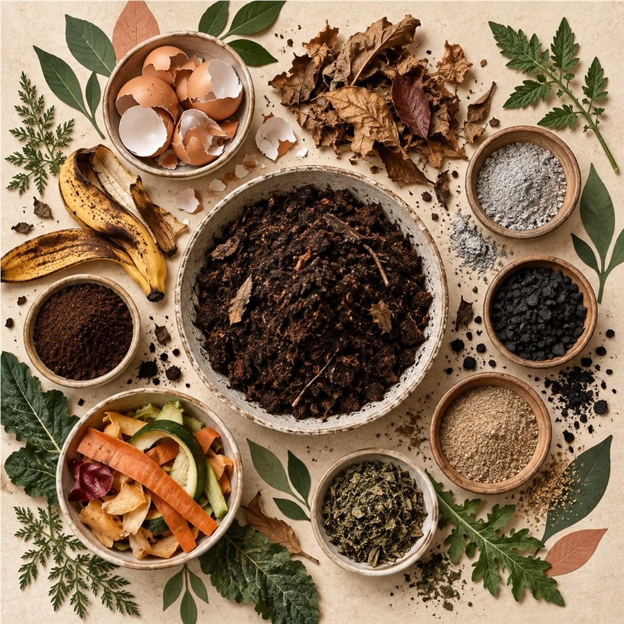 Ilustração de ingredientes naturais para nutrir plantas